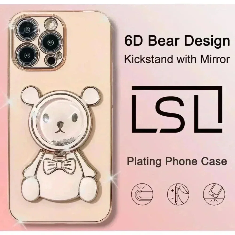 Glitter Bear Kickstand‎ W/Mirror Case For iPhone 15 Pro 6.1” Pink Gold Trim